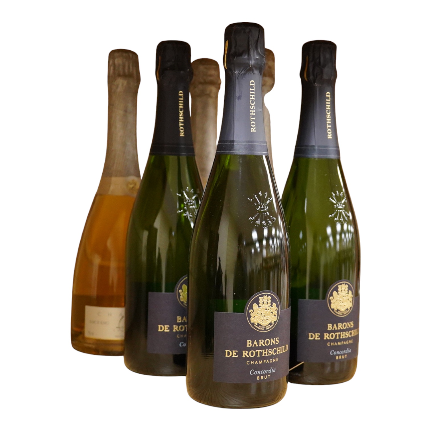 Three bottles of Barons de Rothschild NV Champagne and three bottles of Blin’s blanc de blanc Champagne.
